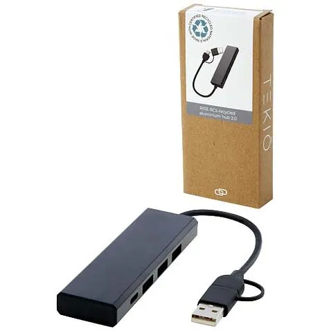 Концентратор USB 2.0 Rise из переработанного алюминия, сертифицированного по стандарту RCS - сплошной черный