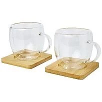 Стеклянный стакан Manti объемом 250 мл с двойными стенками и подставкой из бамбука, 2 шт.  - Прозрачный