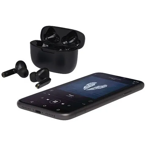 Наушники в футляре Essos 2.0 с технологией True Wireless с автоматическим подключением - сплошной черный