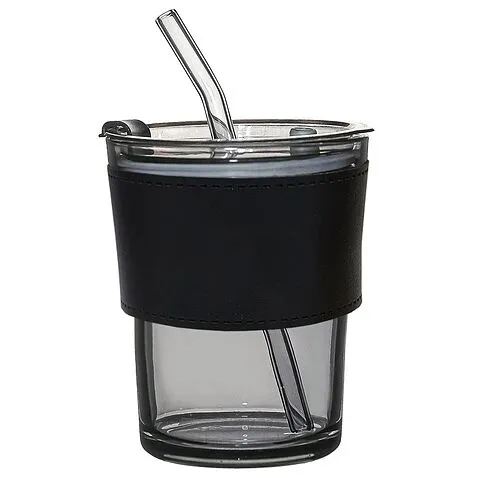 Стакан стеклянный с трубочкой и капхолдером Karamel, черный