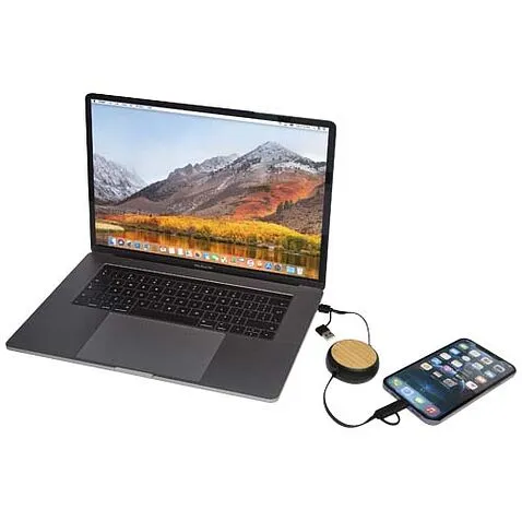 Chechia выдвижной кабель 5-в-1 из переработанной пластмассы длиной 100 см для синхронизации данных и быстрой зарядки мощностью 45 Вт с бамбуковыми деталями - сплошной черный