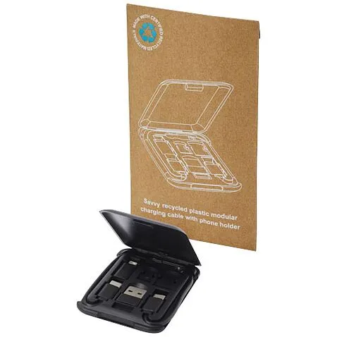 Savvy модульный кабель для зарядки из переработанной пластмассы с держателем для мобильного телефона - сплошной черный
