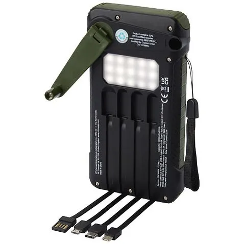 Soldy портативное зарядное устройство емкостью 10 000 мАч на солнечной батарее, с динамо-машиной, из переработанной пластмасс - Зеленый армейский