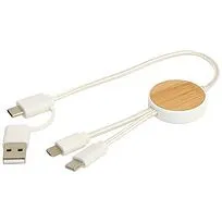 Chechia кабель 5-в-1 из переработанной пластмассы длиной 30 см для синхронизации данных и быстрой зарядки мощностью 27 Вт с бамбуковыми деталями - Белый