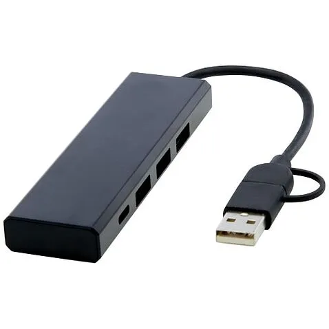 Концентратор USB 2.0 Rise из переработанного алюминия, сертифицированного по стандарту RCS - сплошной черный