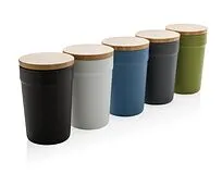 Стакан из переработанного полипропилена GRS с бамбуковой крышкой, 300 мл