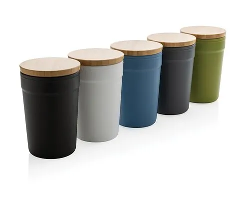 Стакан из переработанного полипропилена GRS с бамбуковой крышкой, 300 мл