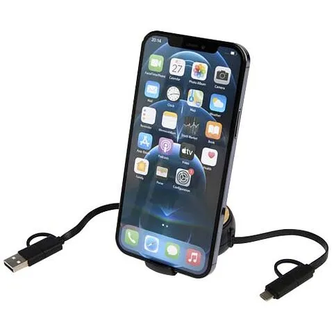 Chechia выдвижной кабель 5-в-1 из переработанной пластмассы длиной 100 см для синхронизации данных и быстрой зарядки мощностью 45 Вт с бамбуковыми деталями - сплошной черный