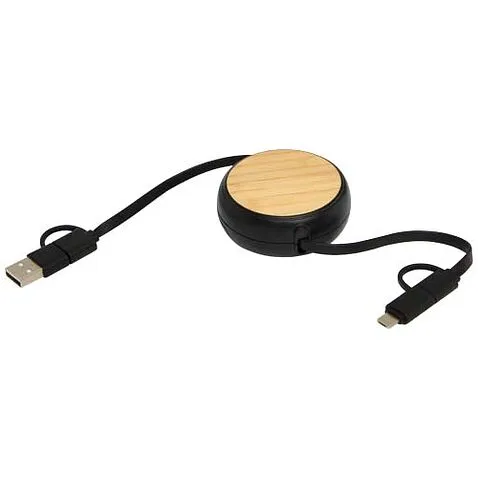 Chechia выдвижной кабель 5-в-1 из переработанной пластмассы длиной 100 см для синхронизации данных и быстрой зарядки мощностью 45 Вт с бамбуковыми деталями - сплошной черный