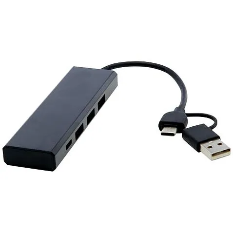 Концентратор USB 2.0 Rise из переработанного алюминия, сертифицированного по стандарту RCS - сплошной черный